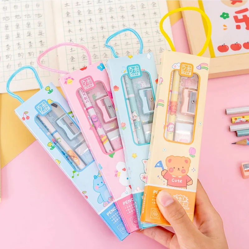 1 Set 5 Piece Stationery School Office Supplies Student Gift Prize Creative Kawaii Eraser Ruler Pencil Sharpener thumbnail 2