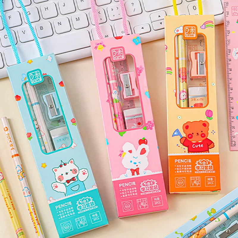 1 Set 5 Piece Stationery School Office Supplies Student Gift Prize Creative Kawaii Eraser Ruler Pencil Sharpener thumbnail 6