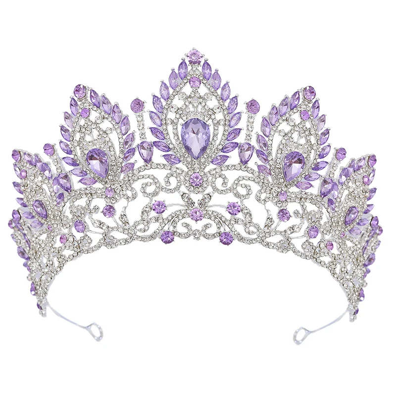 Royal Queen Purple Crown Big Diadem Bride Tiara Elegant Bridal Wedding Party Princess Crown Hair Accessory for Women thumbnail 5
