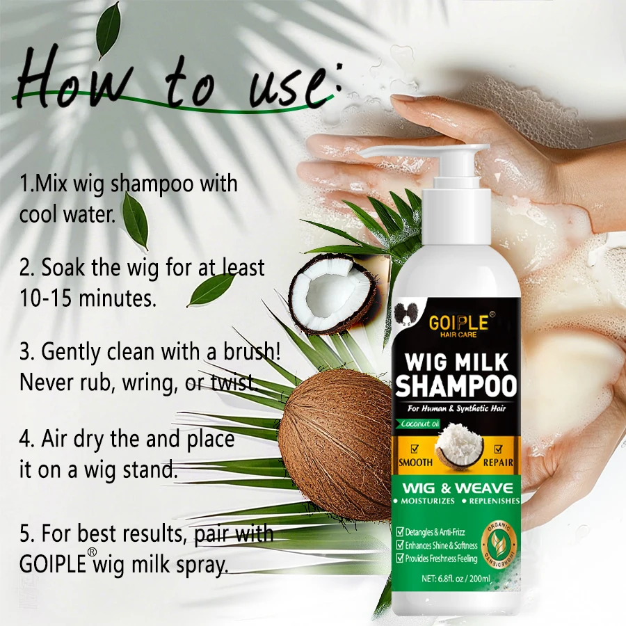 GOIPLE Natural Coconut Oil Wig Milk Shampoo Smooth Repair Moisturizes Frizzy Hair for Wigs Wave 2 in 1 Wig Wash Care Product thumbnail 5