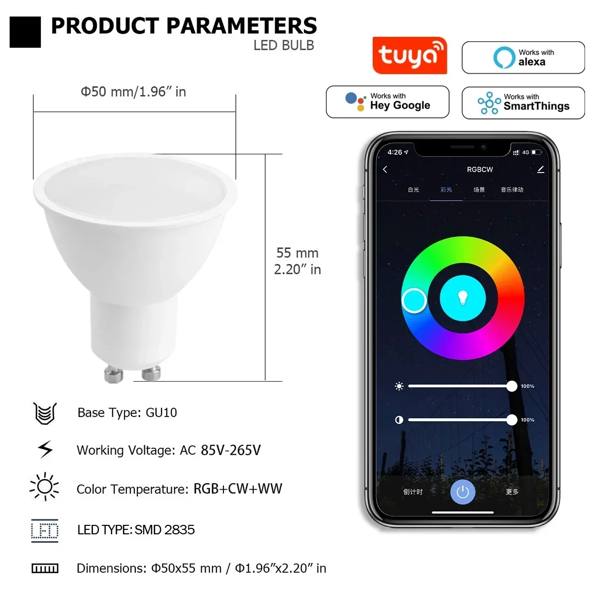 Tuya GU10 LED Bulb Rgb Smart Light Dimmable Gu10 6W WW CW Wifi Led Magic Lamp AC 110V 220V 110V Work with Alexa Google Home thumbnail 2
