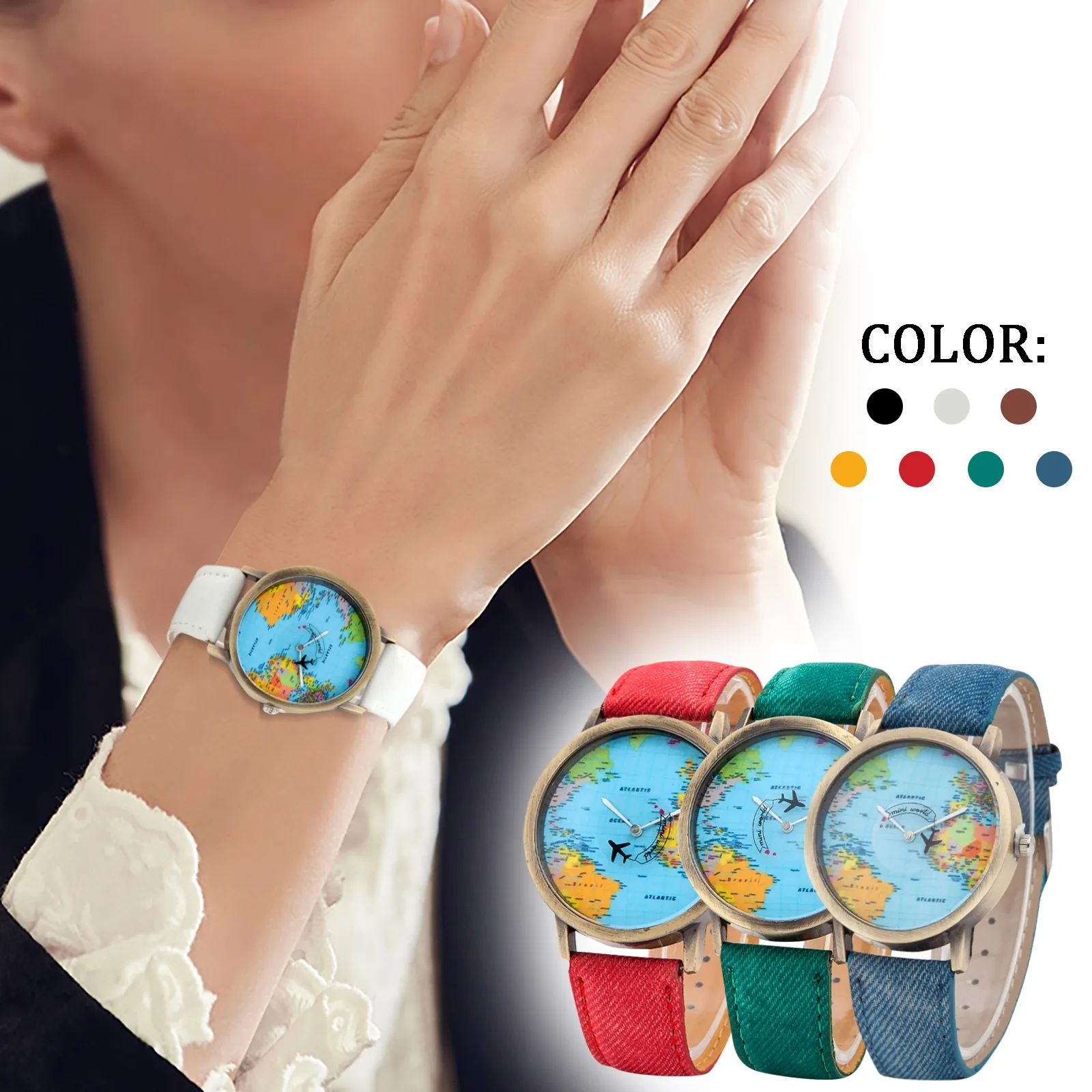 Fashion Global World Map Plane Denim Fabric Band Watch Casual Men Women Wristwatches Quartz Watch Gift Horloges Relógio thumbnail 2