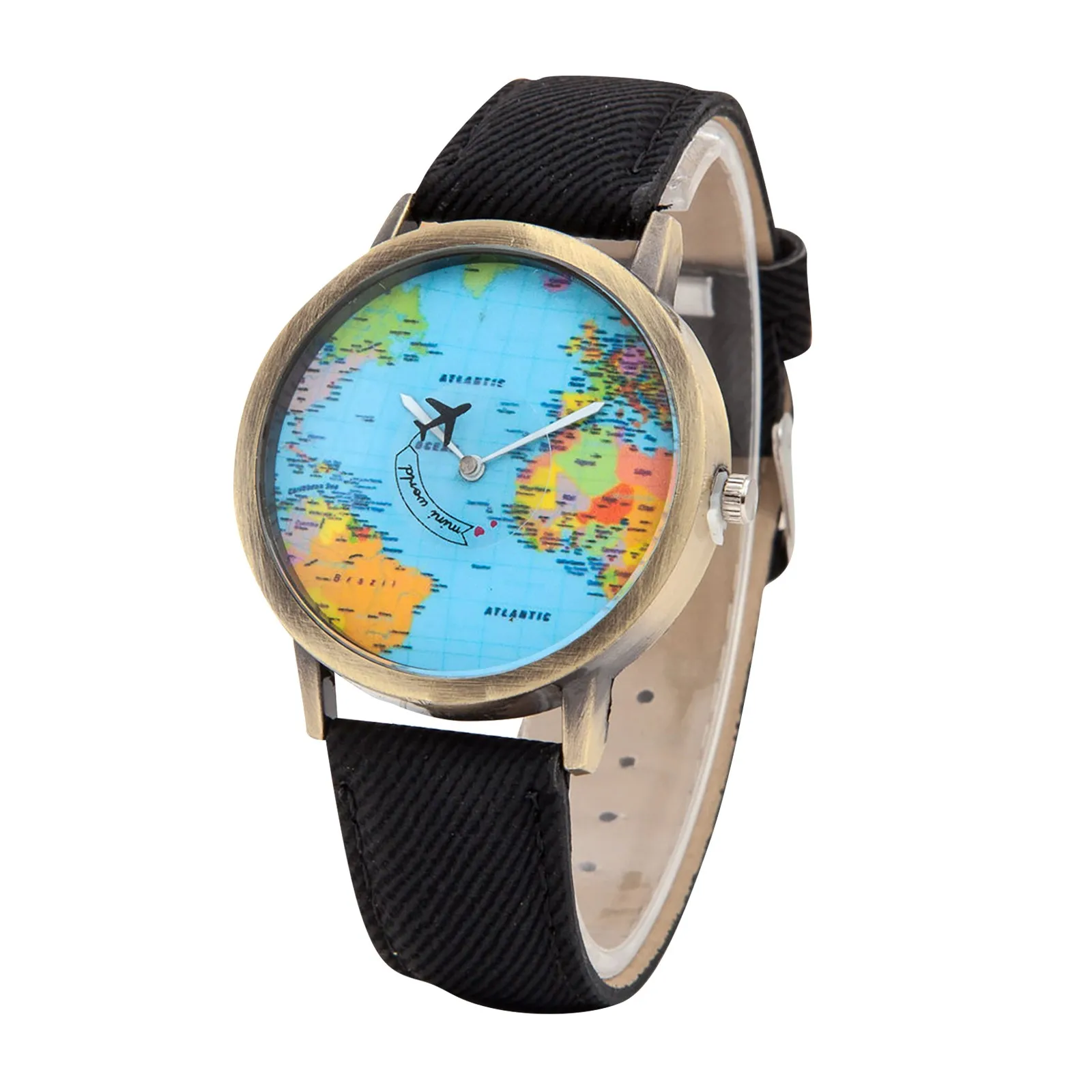 Fashion Global World Map Plane Denim Fabric Band Watch Casual Men Women Wristwatches Quartz Watch Gift Horloges Relógio thumbnail 4