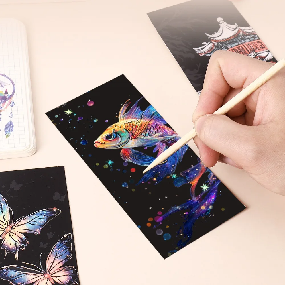 12 Pcs/Set DIY Scratch Painting Animal Bookmarks Colorful for Kids Portable Creative Doodle Art Toy Handmade Night Scene Art thumbnail 3