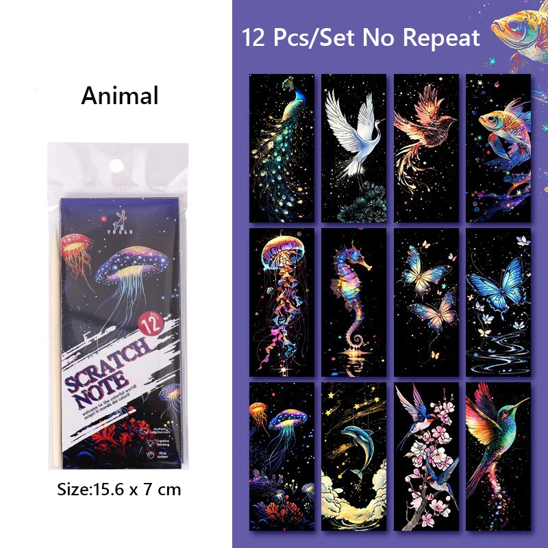 12 Pcs/Set DIY Scratch Painting Animal Bookmarks Colorful for Kids Portable Creative Doodle Art Toy Handmade Night Scene Art thumbnail 5