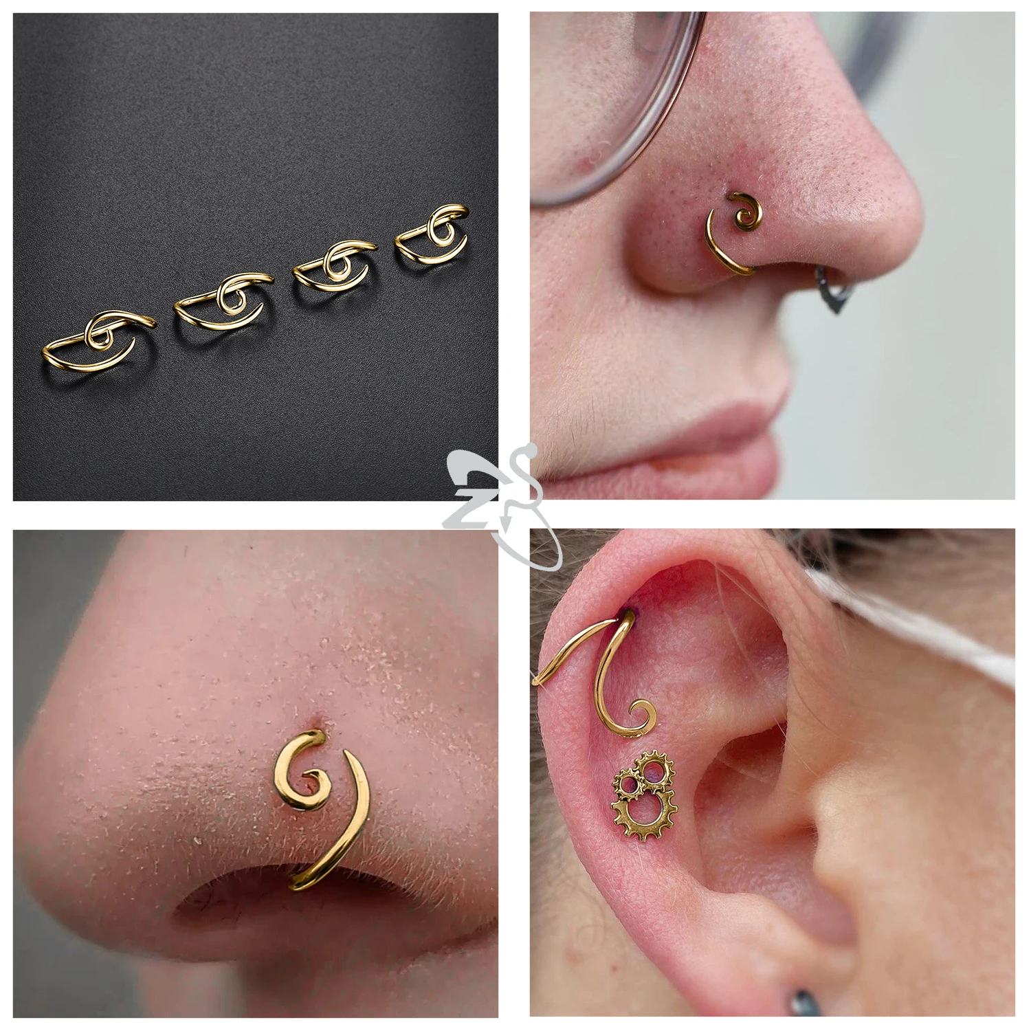 ZS 1PC 16G 925 Silver Inner Hook Outer Hook Eyebrow Ring Spiral Bridge Nose Stud Helix Earring Gold Color Cartilage Piercing thumbnail 3