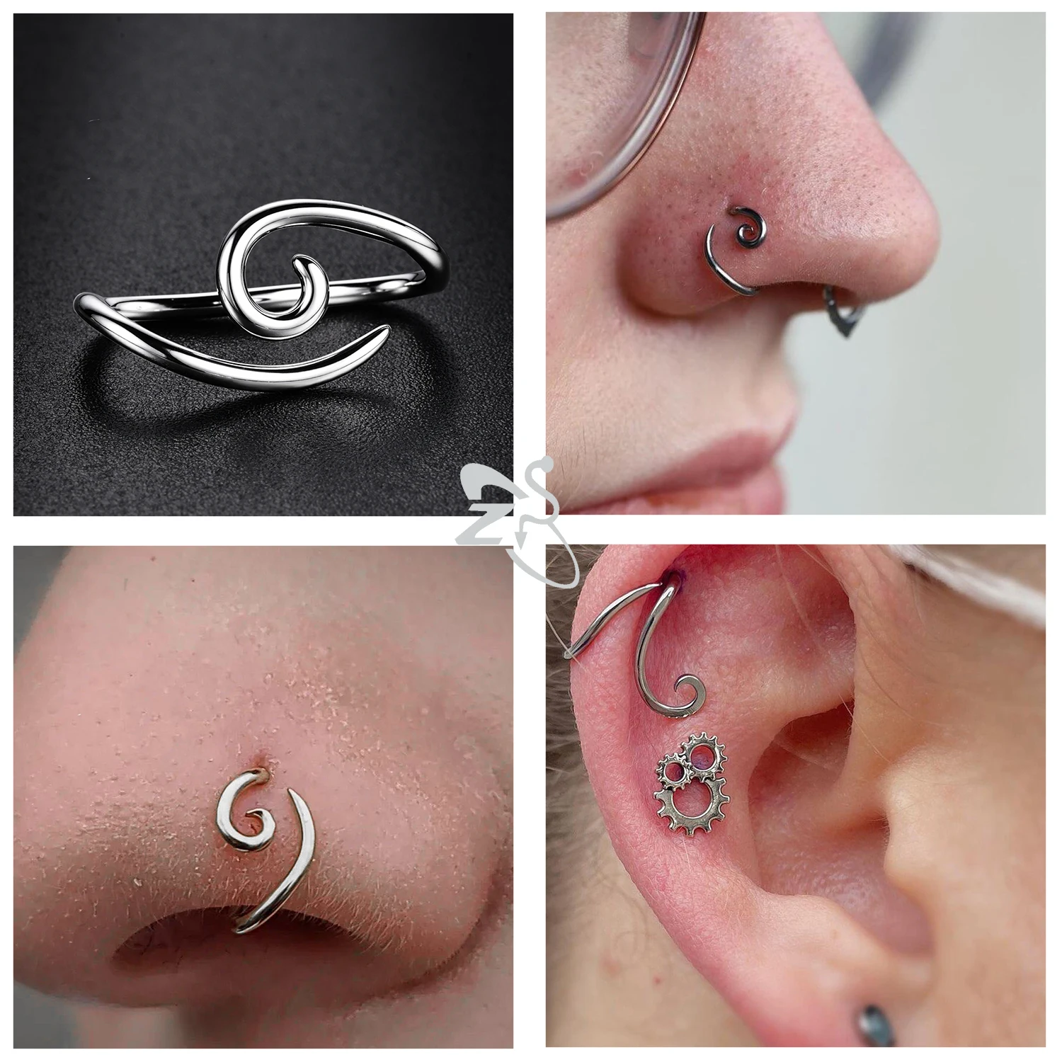 ZS 1PC 16G 925 Silver Inner Hook Outer Hook Eyebrow Ring Spiral Bridge Nose Stud Helix Earring Gold Color Cartilage Piercing thumbnail 6