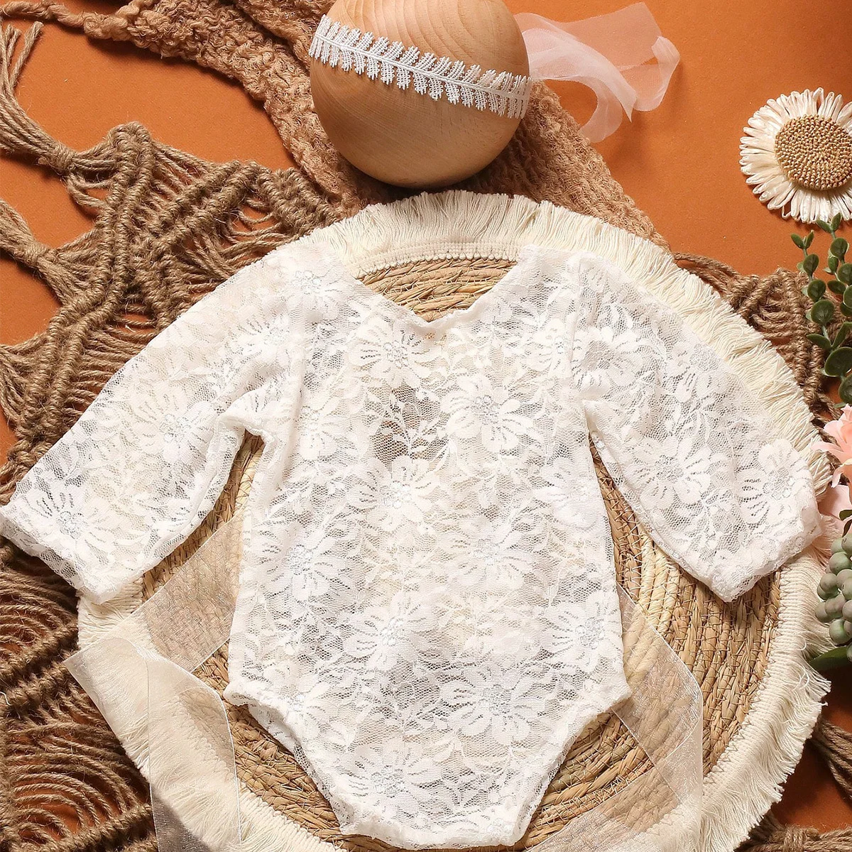 Ylsteed 2 Pieces Set Newborn Lace Romper Infant Photography Outfits with Matching Headband Baby Girl Photo Shooting Props thumbnail 2