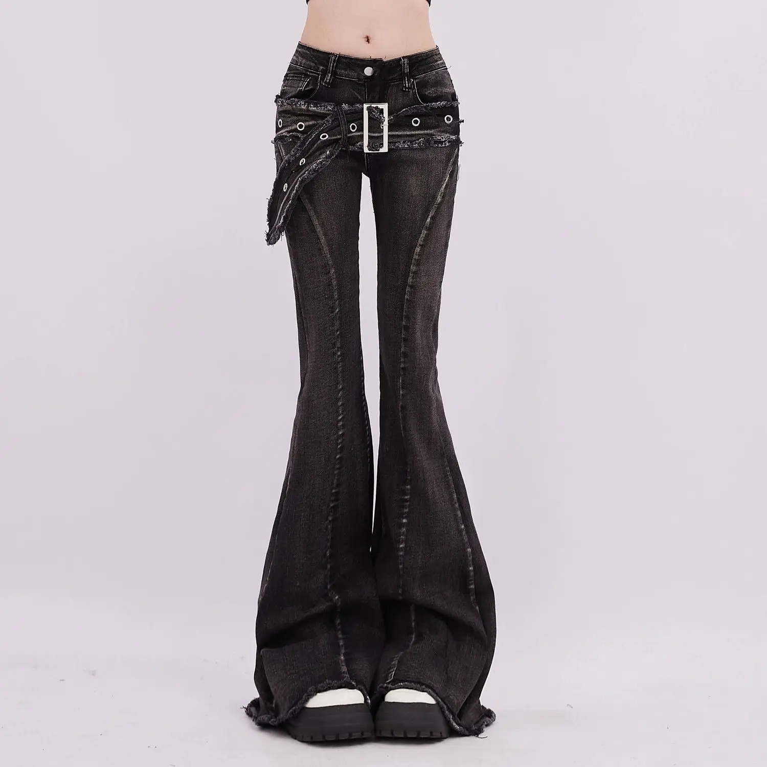 Vintage Slim Micro-flare Jeans Women Ins Fashionable Splicing Belt Edge Y2K Pants High Waist Straight American Street Trousers thumbnail 2