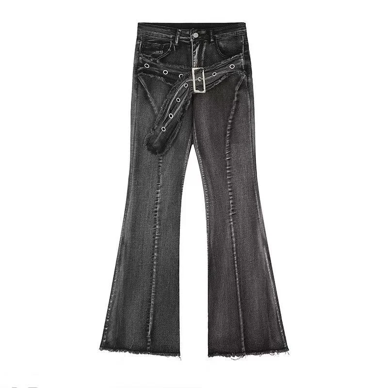 Vintage Slim Micro-flare Jeans Women Ins Fashionable Splicing Belt Edge Y2K Pants High Waist Straight American Street Trousers thumbnail 5