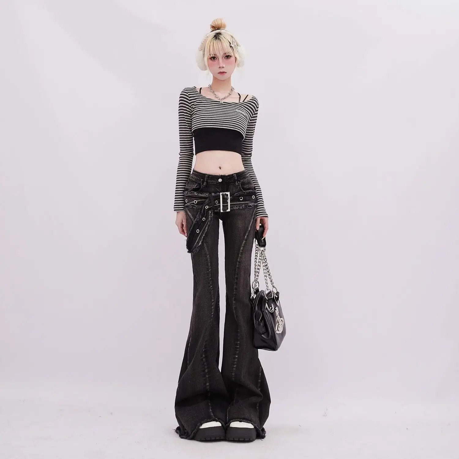 Vintage Slim Micro-flare Jeans Women Ins Fashionable Splicing Belt Edge Y2K Pants High Waist Straight American Street Trousers thumbnail 3