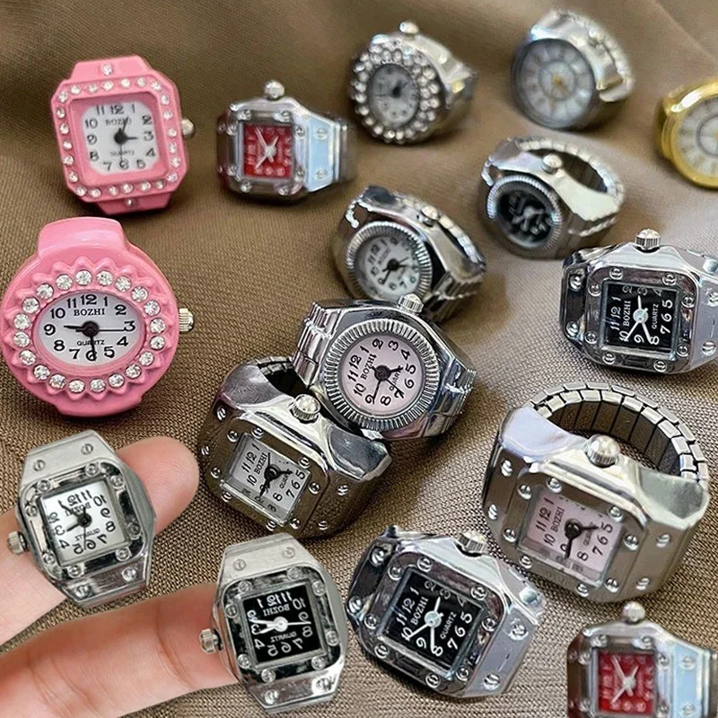Vintage Punk Finger Watch Mini Elastic Strap Alloy Watches Couple Rings Jewelry Clock Retro Roman Quartz Watch Rings Women Men thumbnail 3