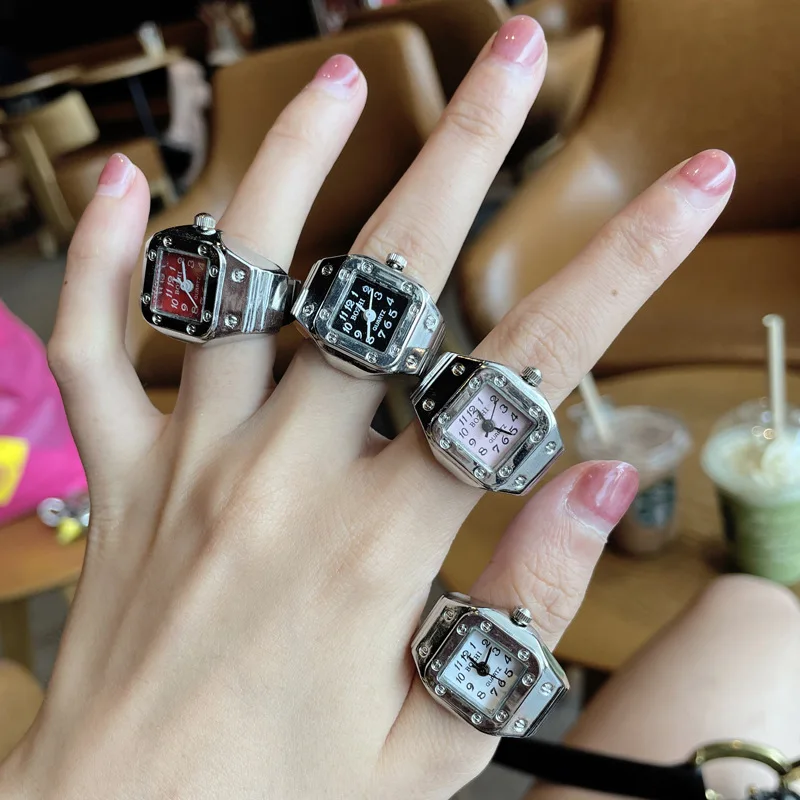 Vintage Punk Finger Watch Mini Elastic Strap Alloy Watches Couple Rings Jewelry Clock Retro Roman Quartz Watch Rings Women Men thumbnail 6
