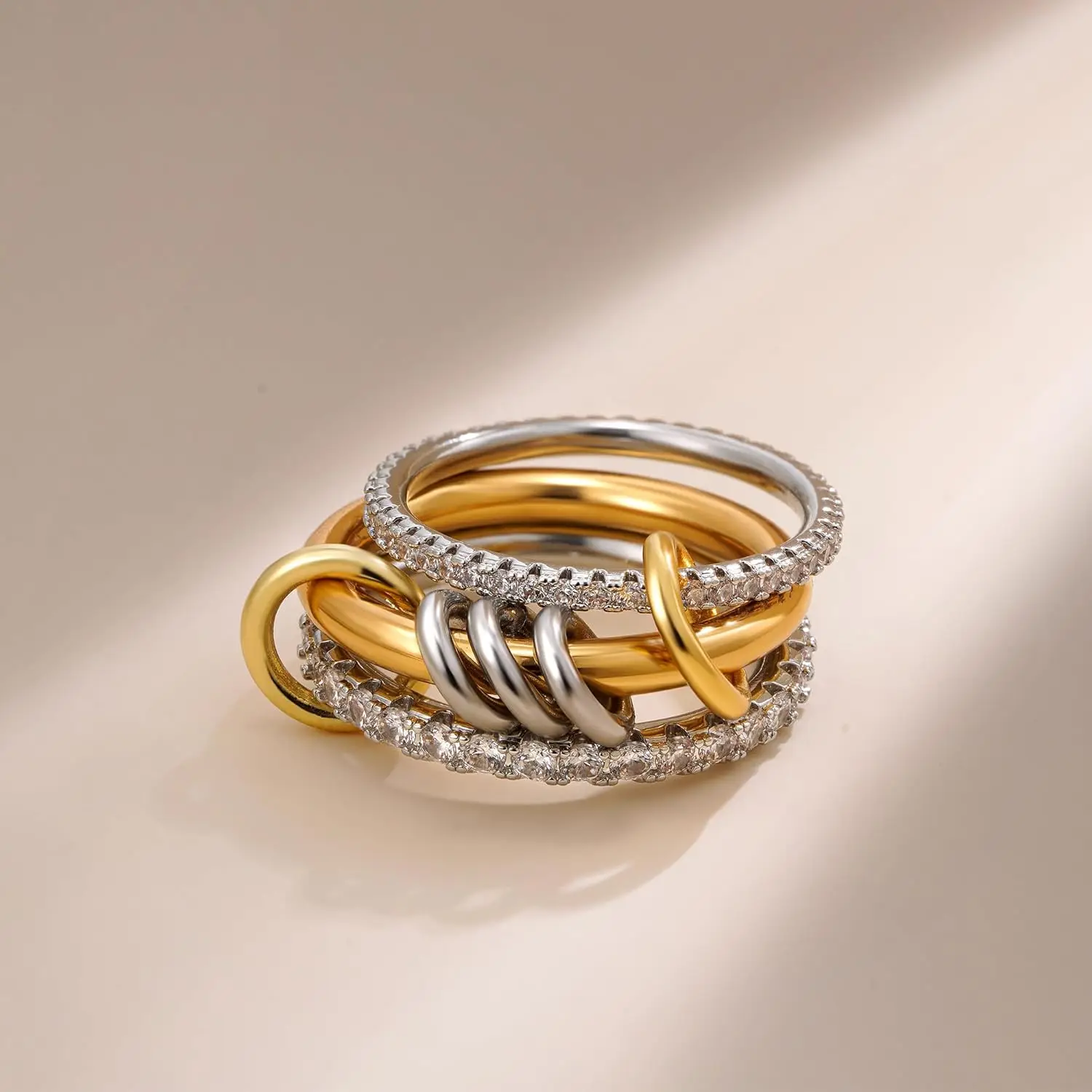 New Stainless Steel Cubic Zirconia Stackable Rings for Women 18k GoldPlating Multi-Link Connected Statement Ring Stack Jewelry thumbnail 4