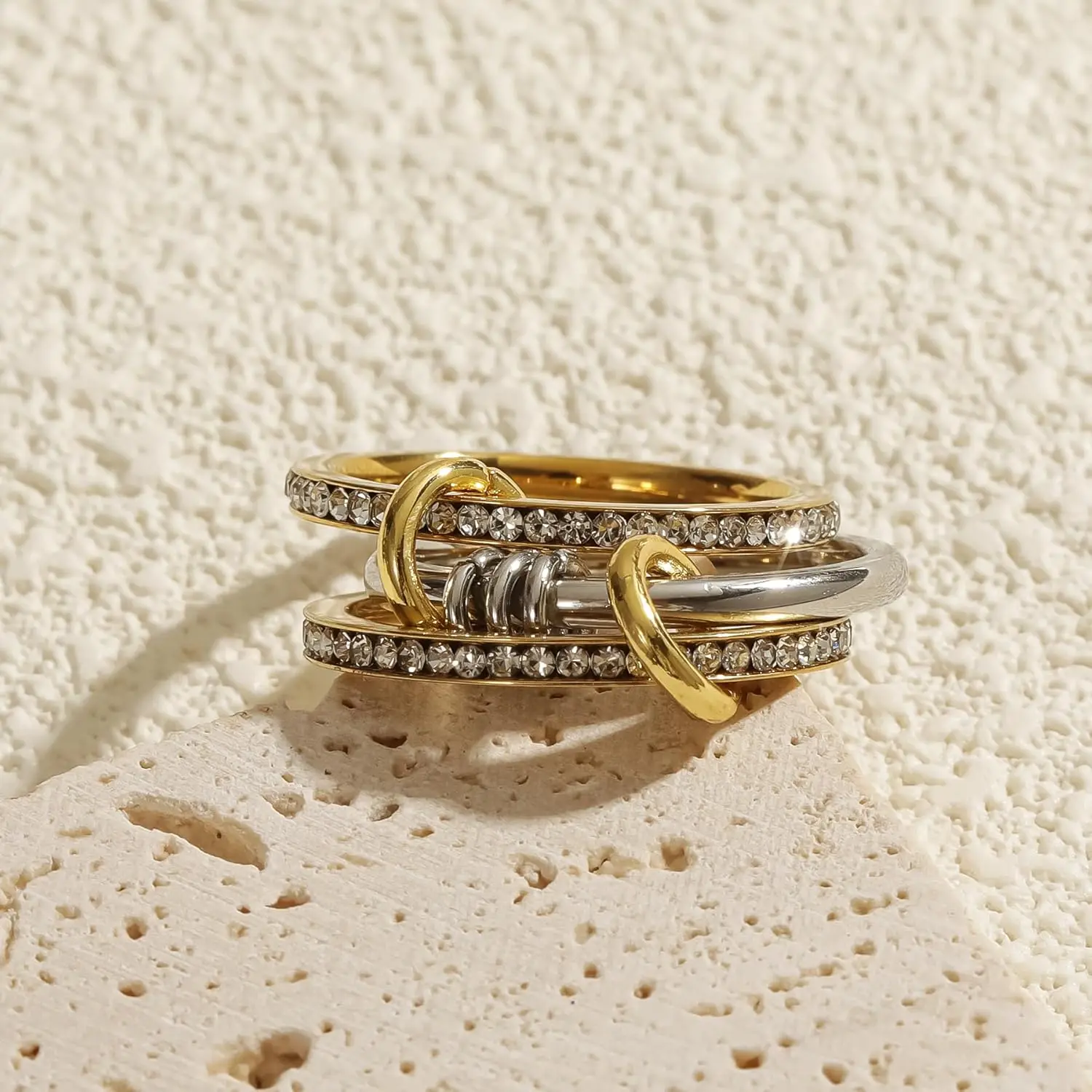New Stainless Steel Cubic Zirconia Stackable Rings for Women 18k GoldPlating Multi-Link Connected Statement Ring Stack Jewelry thumbnail 5