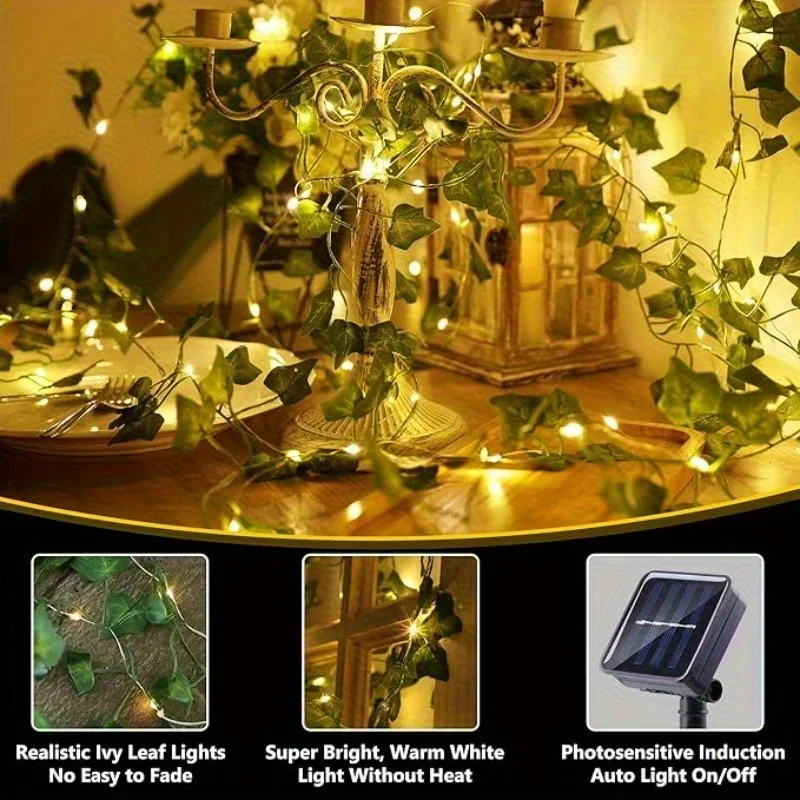 50/100LED Green Fairy Lights with Solar-Powered Artificial Ivy Leaves Featuring 8 Modes for Garden Wedding Christmas Decoration thumbnail 6