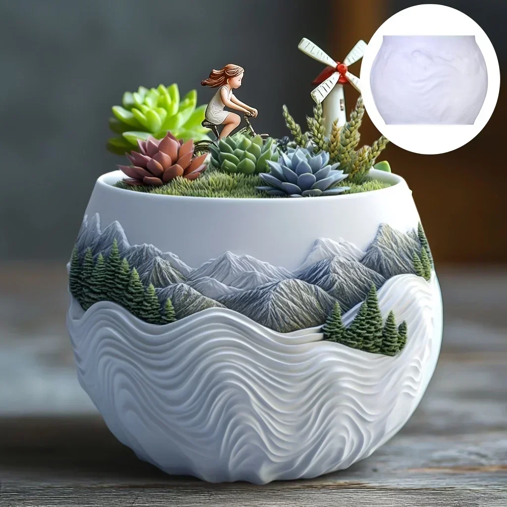Mountain relief succulent plant flowerpot resin silicone mold mountain stream flowing water storage box candle cup gypsum molds thumbnail 4