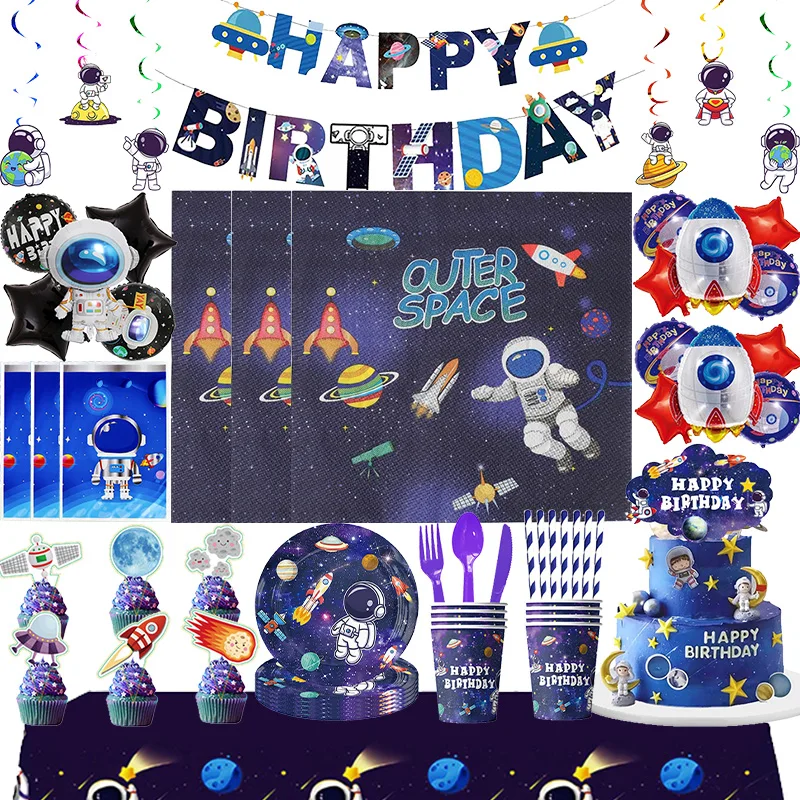 Space Party Tableware Outer Space Astronaut Birthday Decoration Cup Inch Plate Tablecloth Napkins Banner For Children's Supplies