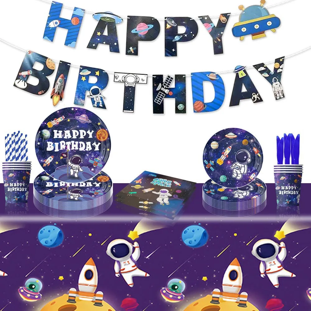 Space Party Tableware Outer Space Astronaut Birthday Decoration Cup Inch Plate Tablecloth Napkins Banner For Children's Supplies thumbnail 6