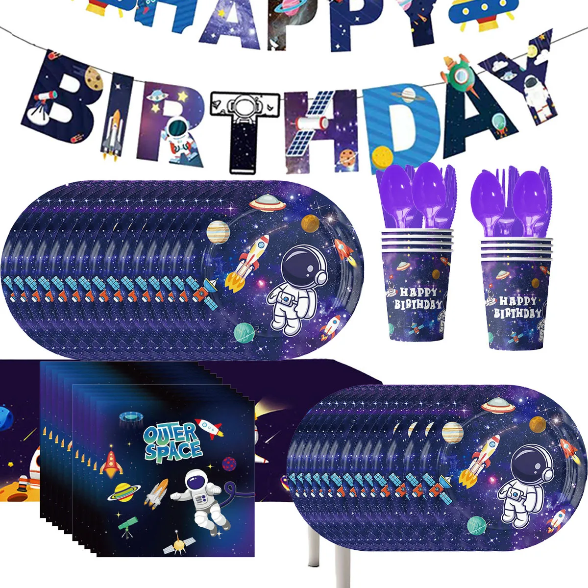 Space Party Tableware Outer Space Astronaut Birthday Decoration Cup Inch Plate Tablecloth Napkins Banner For Children's Supplies thumbnail 3