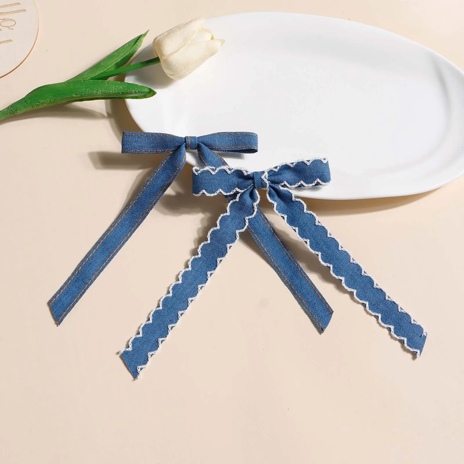 4pcs Blue Denim Long Tail Bow Hair Clip For Girl Ponytail Accessory Teenage Party Decor Elegant Barrettes Kid Ribbon Bow Hairpin thumbnail 6