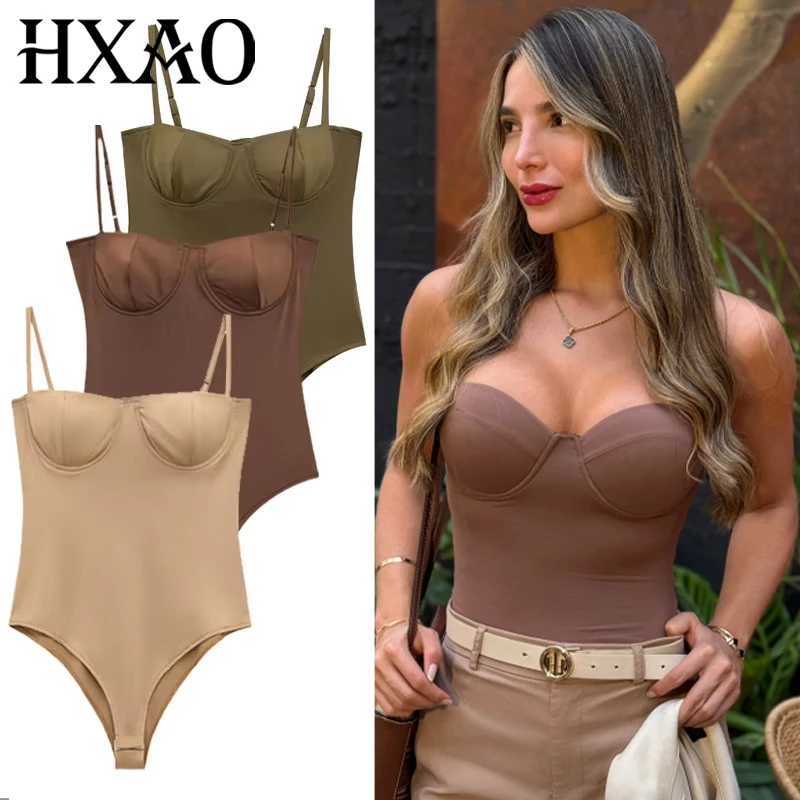 HXAO Satin Camisole Bodysuit for Women Thin Straps Women's Bodysuits Lingerie Bodycon Street Wear Sexy Backless Body Suits Woman