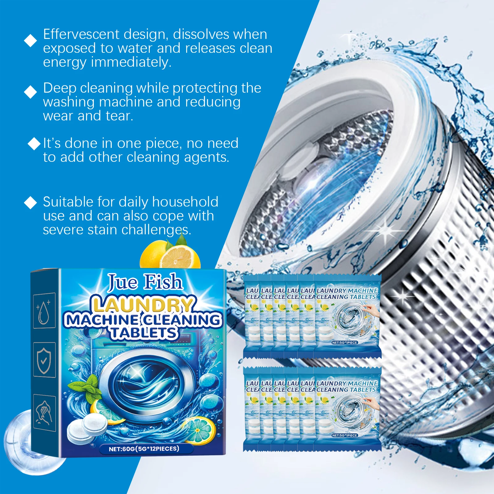 12PCS Washing Machine Cleaning Effervescent Tablets Deeply Cleans Stubborn Dirt Eliminates Odors Mild No Residue For All Models thumbnail 6