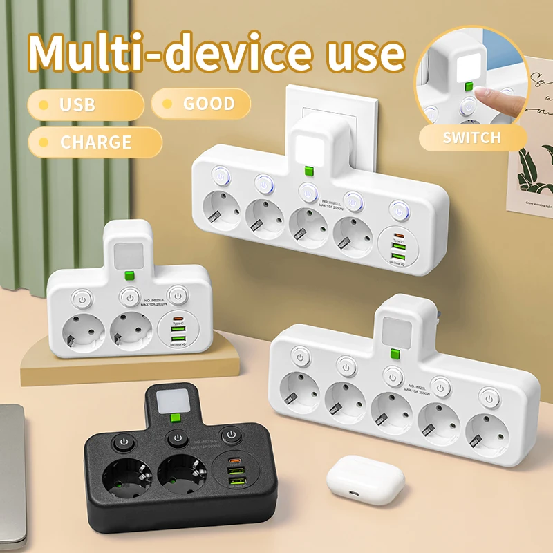 EU plug socket 5 socket power socket without extension cord or USB Type-C port, two specifications suitable for home offices