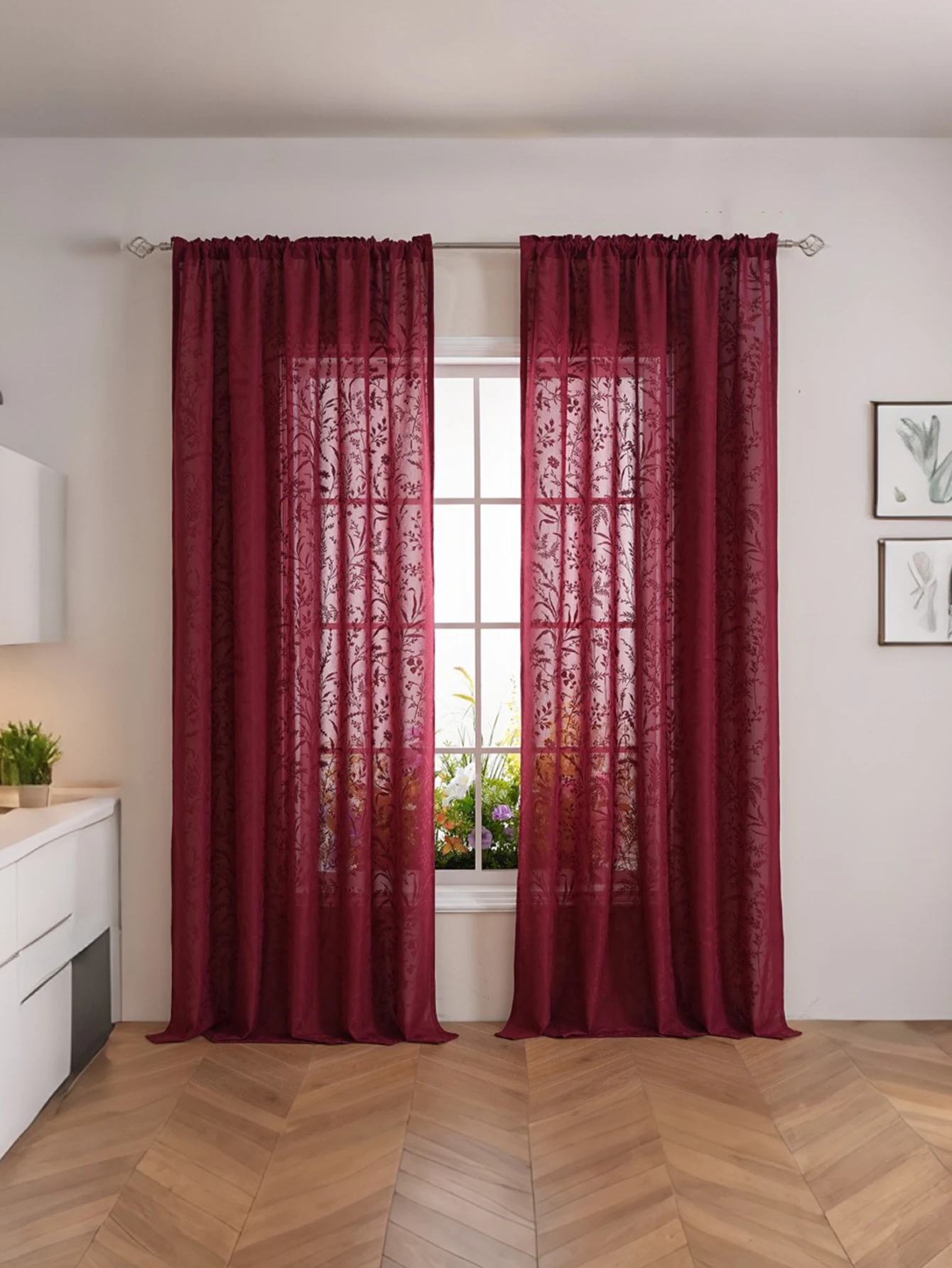 Red Wine Color Small Grass Retro Style Lace Curtains for Summer Living Room And Bedroom Decorative Window Treatments thumbnail 2