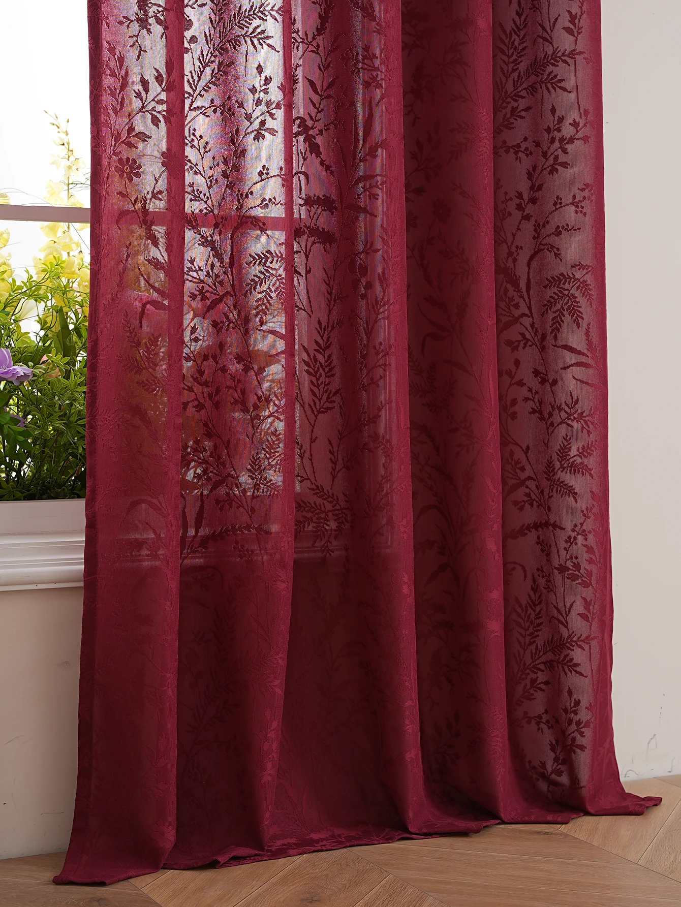 Red Wine Color Small Grass Retro Style Lace Curtains for Summer Living Room And Bedroom Decorative Window Treatments thumbnail 3