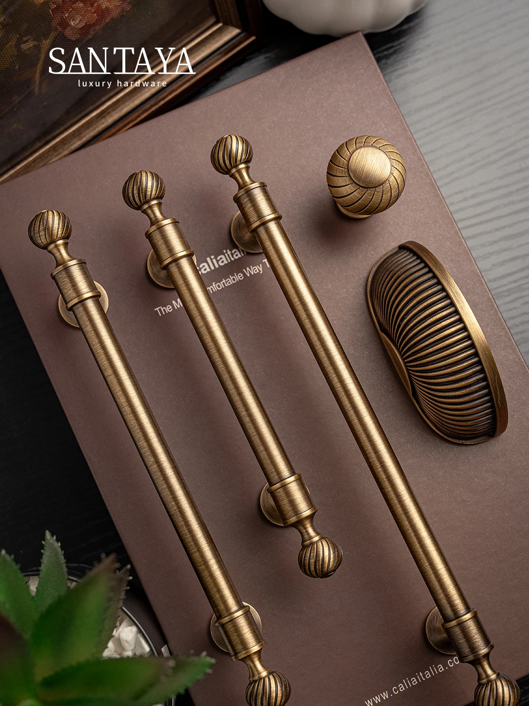 Santaya Brushed Antique Brass Handles Luxury Kitchen Cabinet Pull Wardrobe Dresser Drawer Knob Shell Handle Furniture Hardware
