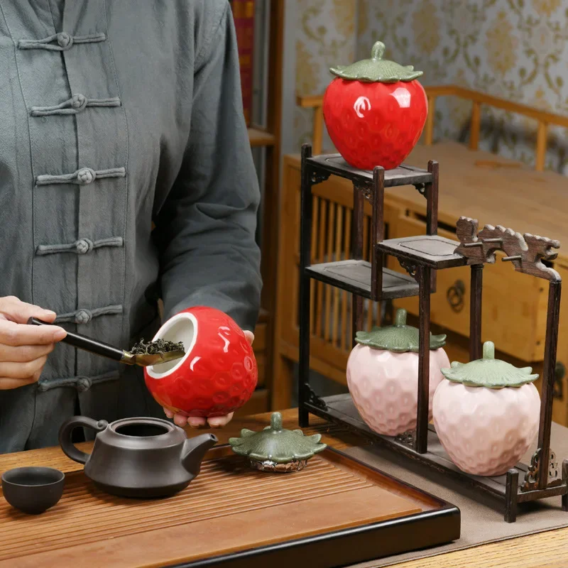 Simulation of Ceramic Strawberry Tea Jar with Lid Storage Jar Moisture-proof Jar Sealed Pot Living Room Coffee Table Decoration thumbnail 2