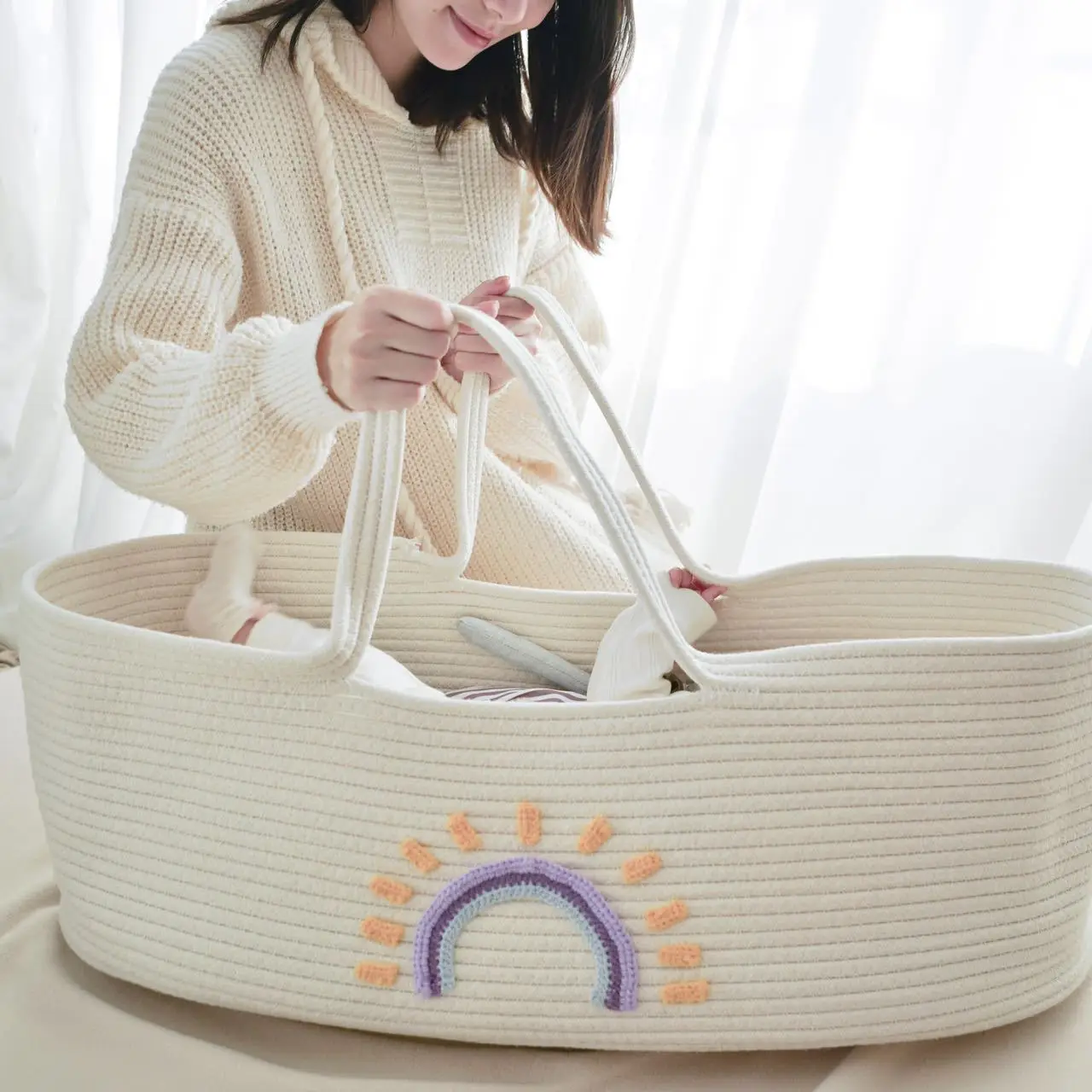 Boho Moses Baskets for Newborn, Baby Basket for Baby Dresser, Diaper Changing Basket for Baby with Diaper Caddy for Traveling