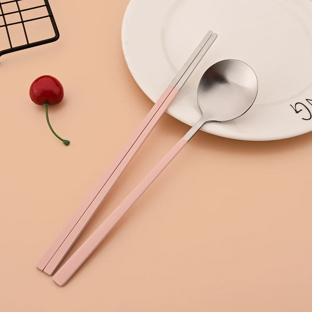 Korean 6Pcs/Set Tableware Set High Quality Stainless Steel Matte Dinner Set Dinnerware Spoon Chopsticks Flatware Cutlery Set thumbnail 4