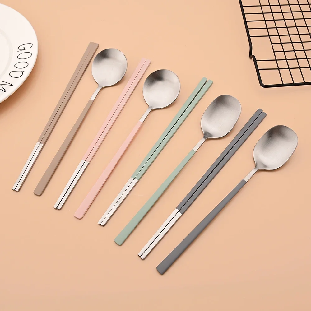 Korean 6Pcs/Set Tableware Set High Quality Stainless Steel Matte Dinner Set Dinnerware Spoon Chopsticks Flatware Cutlery Set thumbnail 2