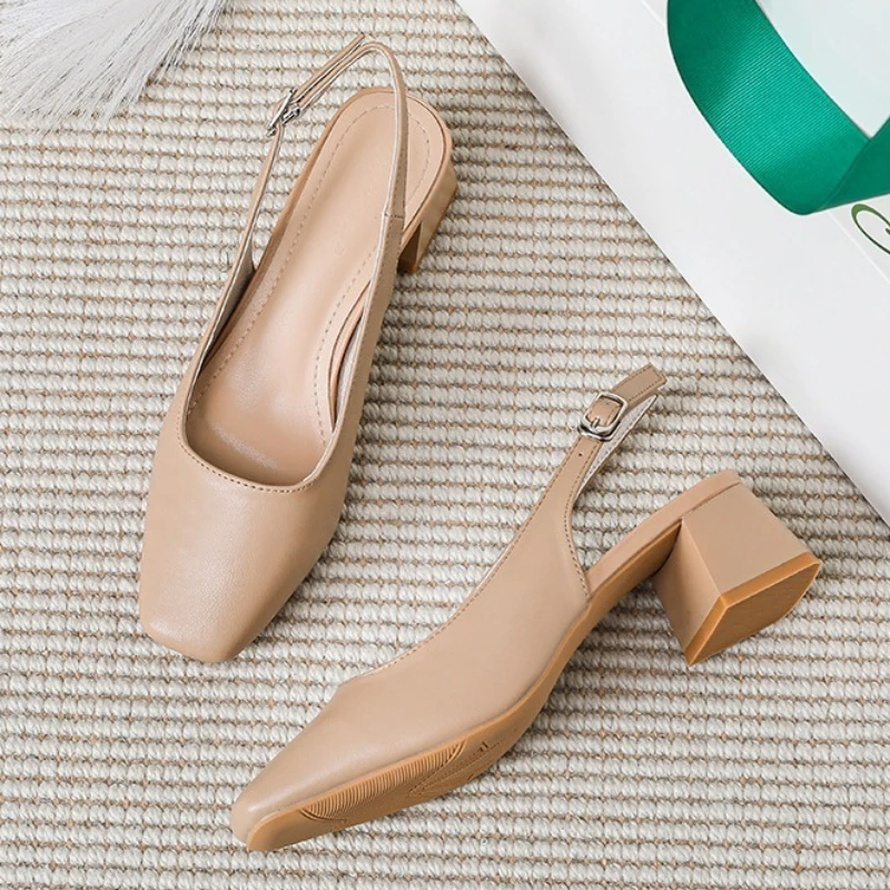 2025 New Mid Thick Heel High Heels Women's Shoes French Baotou Shallow Mouth Sandals Women's Summer Large Coarse Heeled Sandals thumbnail 5