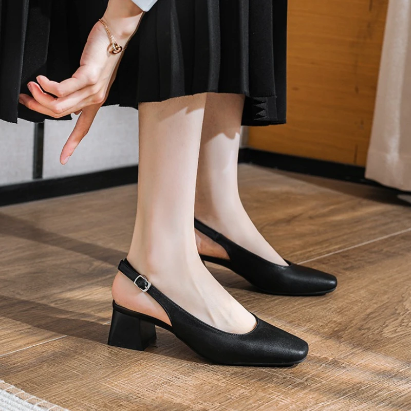 2025 New Mid Thick Heel High Heels Women's Shoes French Baotou Shallow Mouth Sandals Women's Summer Large Coarse Heeled Sandals thumbnail 2