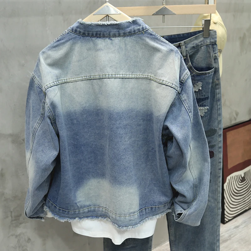 Spring Autumn New Men Fringed Denim Jacket American Retro High Street Pockets Blue Coats Casual Loose Fashion Versatile Tops thumbnail 2