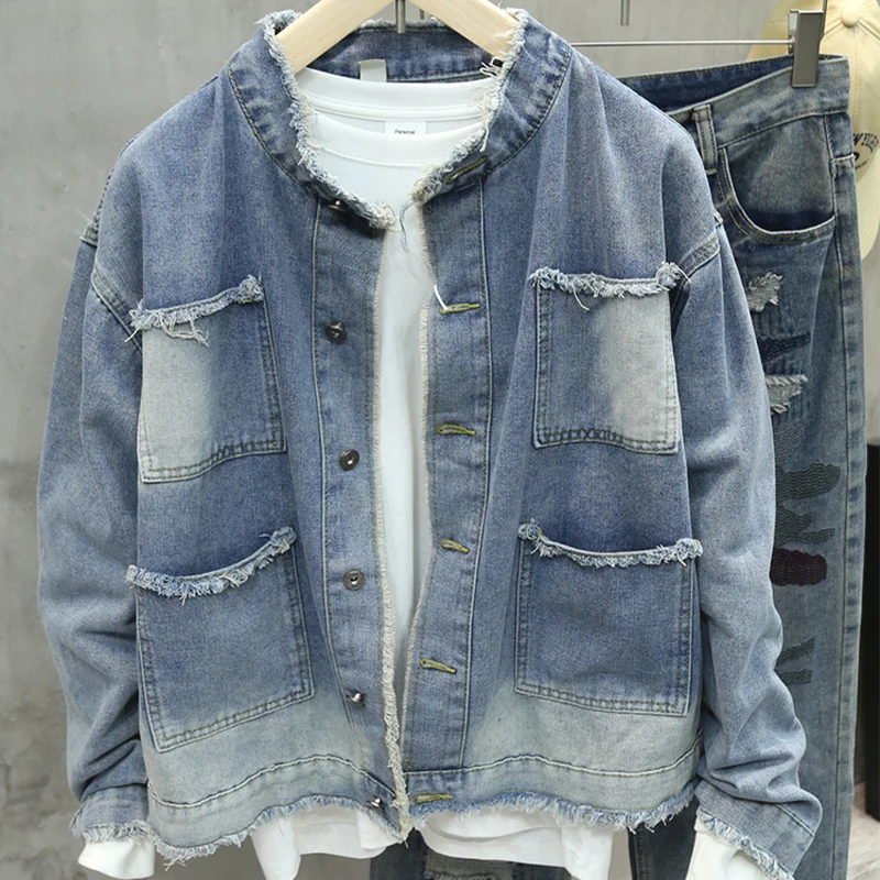 Spring Autumn New Men Fringed Denim Jacket American Retro High Street Pockets Blue Coats Casual Loose Fashion Versatile Tops thumbnail 5