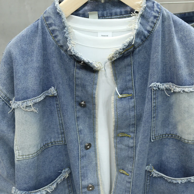 Spring Autumn New Men Fringed Denim Jacket American Retro High Street Pockets Blue Coats Casual Loose Fashion Versatile Tops thumbnail 3