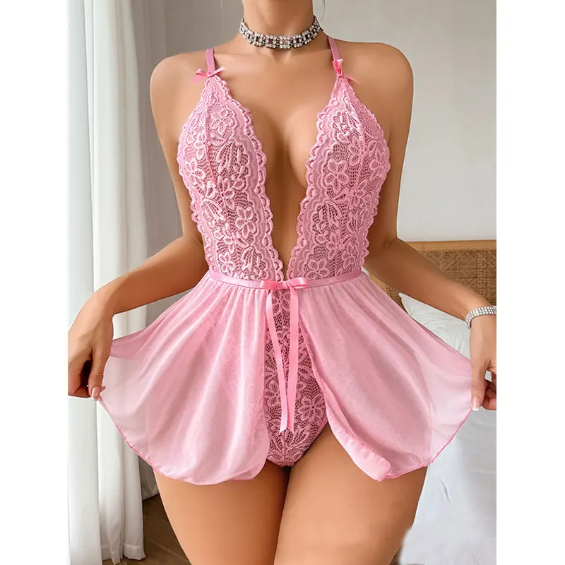 Sensual Lace Hollow Bodysuit  Sexy Crotchless Lingerie Thong Women Erotic Pajamas Teddy Babydoll Dress Deep V Open Bra Porn Set thumbnail 2