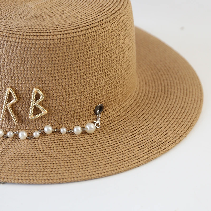 New Women Summer Hats Straw Sun Hat Panama Elegant Straw Fedoras Lady Girl Outdoor Vacation with Pearl Chain Sunshade Beach Hat thumbnail 5