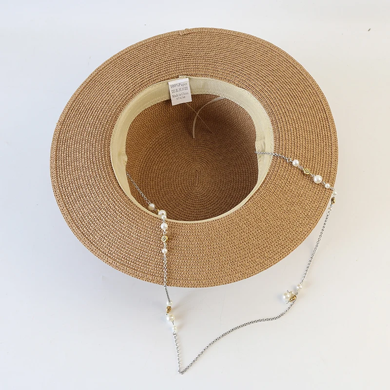 New Women Summer Hats Straw Sun Hat Panama Elegant Straw Fedoras Lady Girl Outdoor Vacation with Pearl Chain Sunshade Beach Hat thumbnail 6