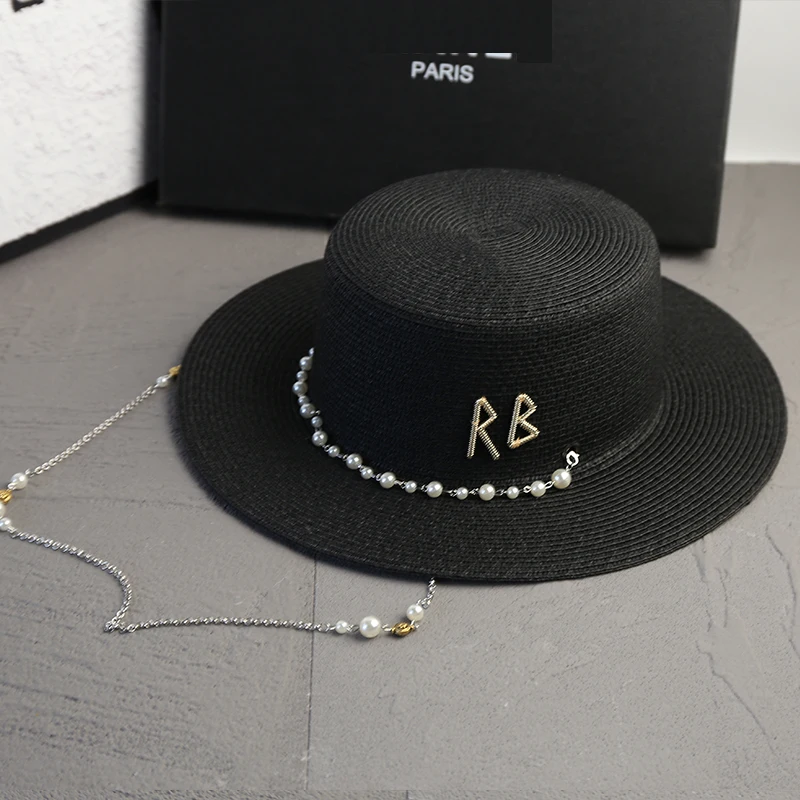 New Women Summer Hats Straw Sun Hat Panama Elegant Straw Fedoras Lady Girl Outdoor Vacation with Pearl Chain Sunshade Beach Hat thumbnail 2