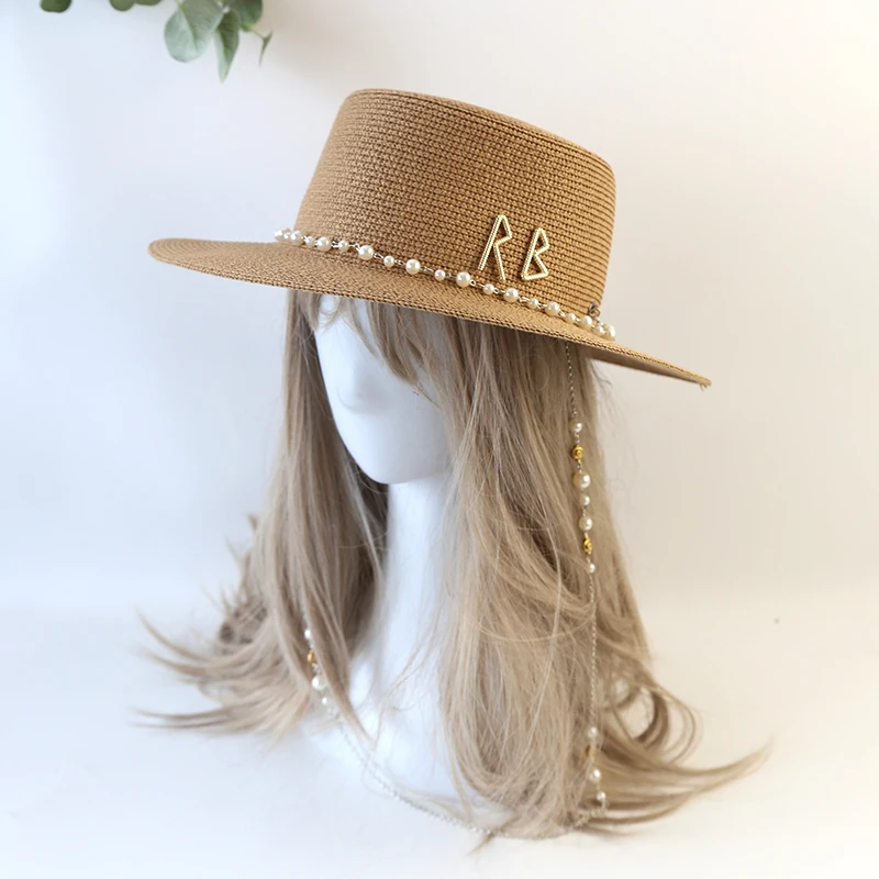 New Women Summer Hats Straw Sun Hat Panama Elegant Straw Fedoras Lady Girl Outdoor Vacation with Pearl Chain Sunshade Beach Hat thumbnail 3