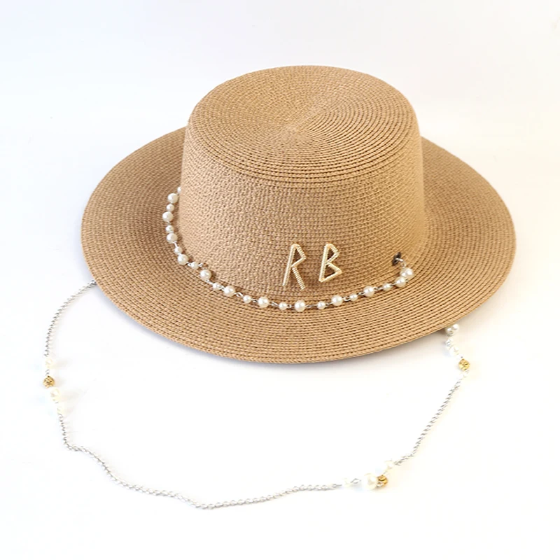 New Women Summer Hats Straw Sun Hat Panama Elegant Straw Fedoras Lady Girl Outdoor Vacation with Pearl Chain Sunshade Beach Hat thumbnail 4