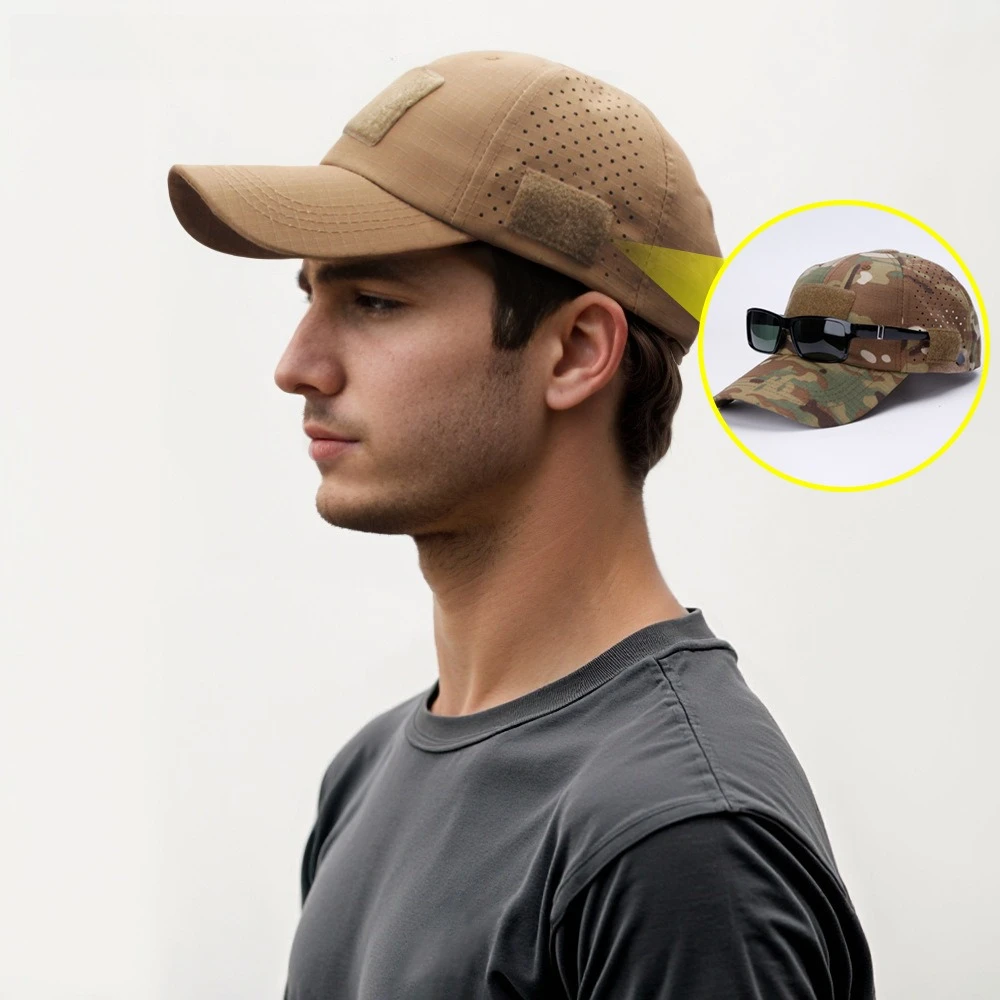 1PC Camouflage Baseball Cap with Velcro Glasses Hole for Mens Outdoor Sports Hiking Fishing Hunting Casual Sun Hats Summer Visor