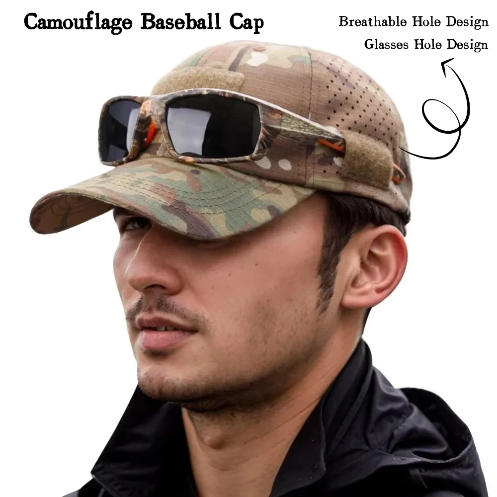 1PC Camouflage Baseball Cap with Velcro Glasses Hole for Mens Outdoor Sports Hiking Fishing Hunting Casual Sun Hats Summer Visor thumbnail 4