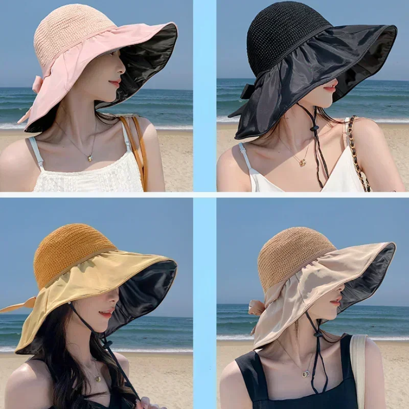 Summer Sun Hat Women's Straw Woven Anti Ultraviolet Sun Visor Hat with Big Brim Seaside Black Glue Breathable Bucket Hat Sun Hat thumbnail 4