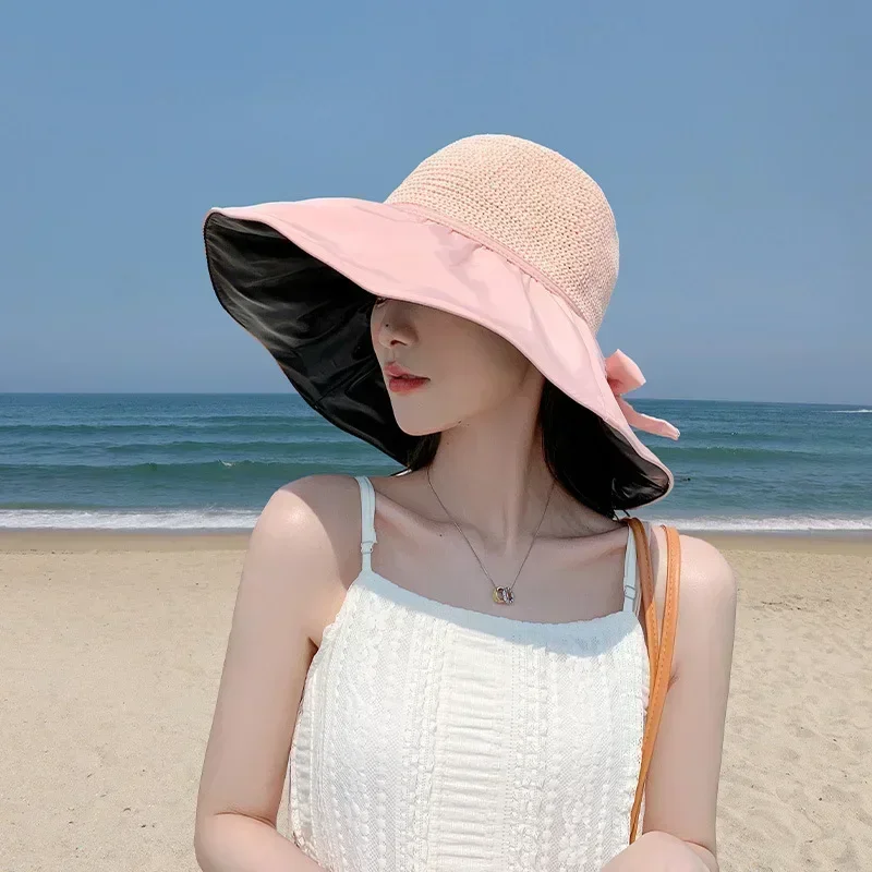 Summer Sun Hat Women's Straw Woven Anti Ultraviolet Sun Visor Hat with Big Brim Seaside Black Glue Breathable Bucket Hat Sun Hat thumbnail 3